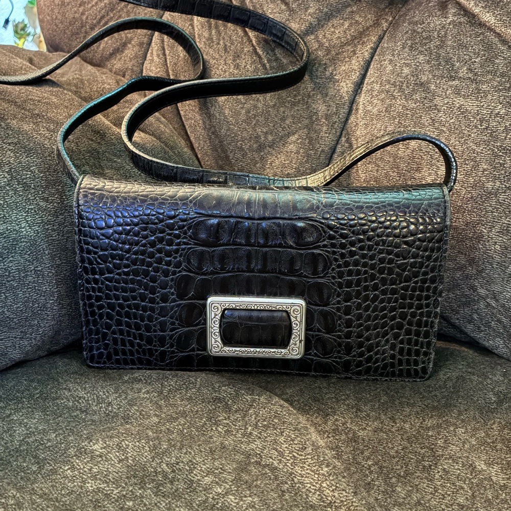 Vintage Brighton Black Crocodile-Embossed Crossbody Bag